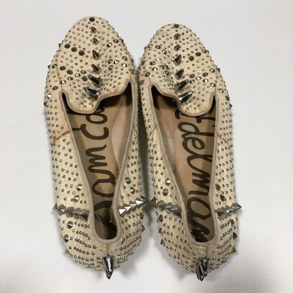 Sam Edelman Addy Spiked Studded Snake Embossed Leather Flats 9.5 Cream/Silver - Picture 8 of 12
